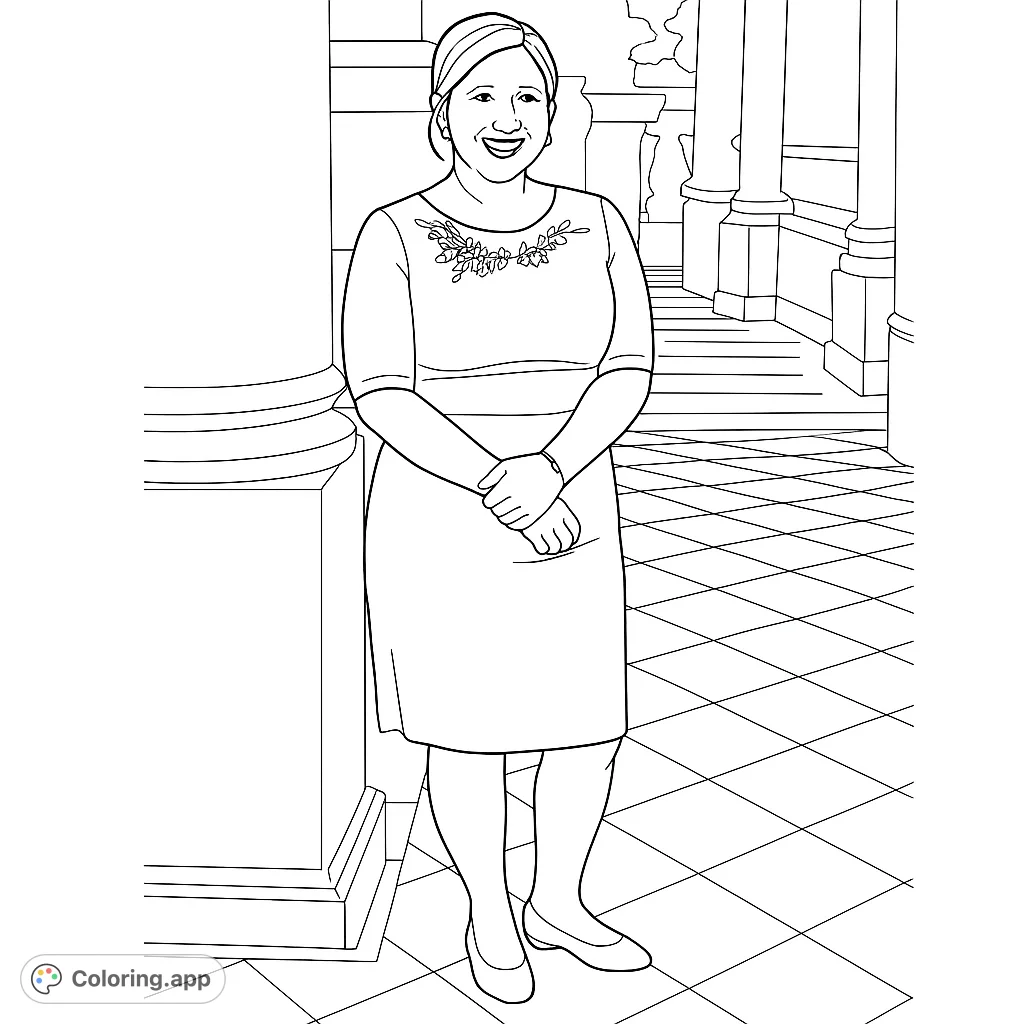 An elegant woman stands gracefully in a classic architectural setting, featuring a detailed necklace and patterned floor. Perfect for fashion and portrait enthusiasts.