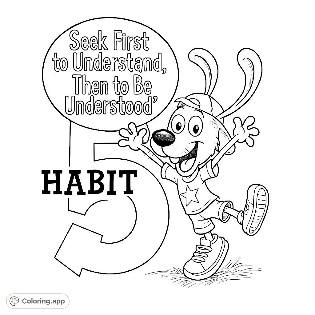 An energetic rabbit character celebrates Habit 5: Seek First to Understand. A fun and educational coloring page for developing good habits.