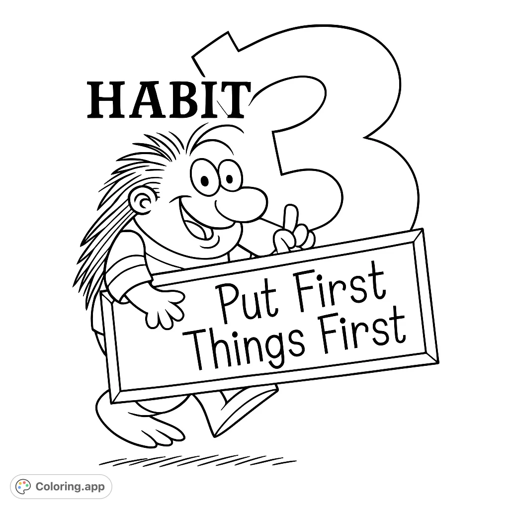 A cheerful, spiky character teaches Habit 3: Put First Things First, holding a chalkboard with an encouraging message. Perfect for learning and fun!