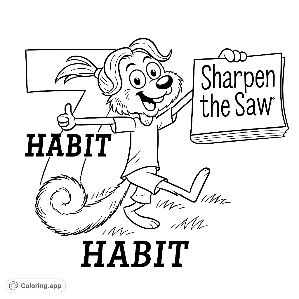 A cheerful beaver-like character with glasses strides forward, holding a book titled 'Sharpen the Saw' and giving a thumbs-up, promoting positive habits.