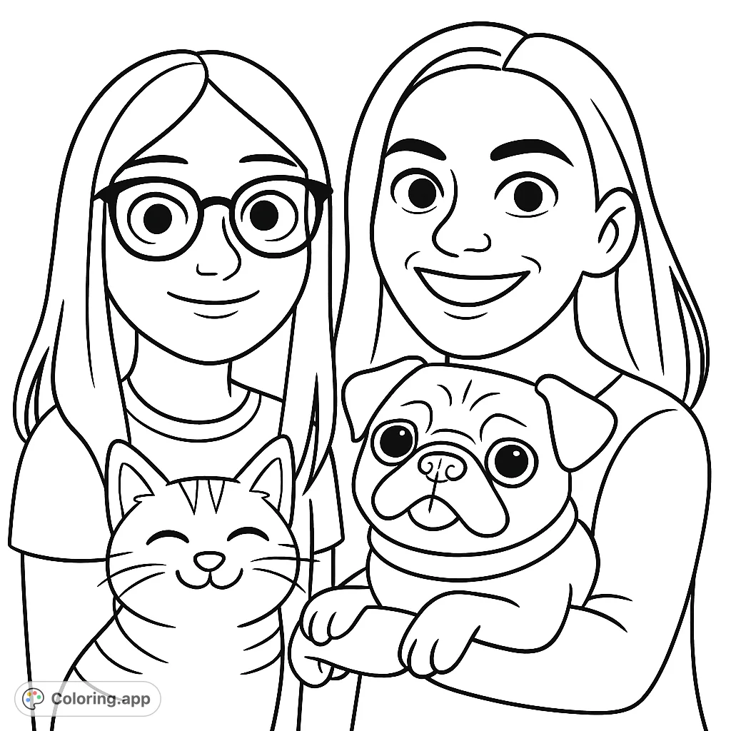 A heartwarming coloring page featuring two friends and their beloved cat and pug. Perfect for pet lovers of all ages to personalize with vibrant hues.