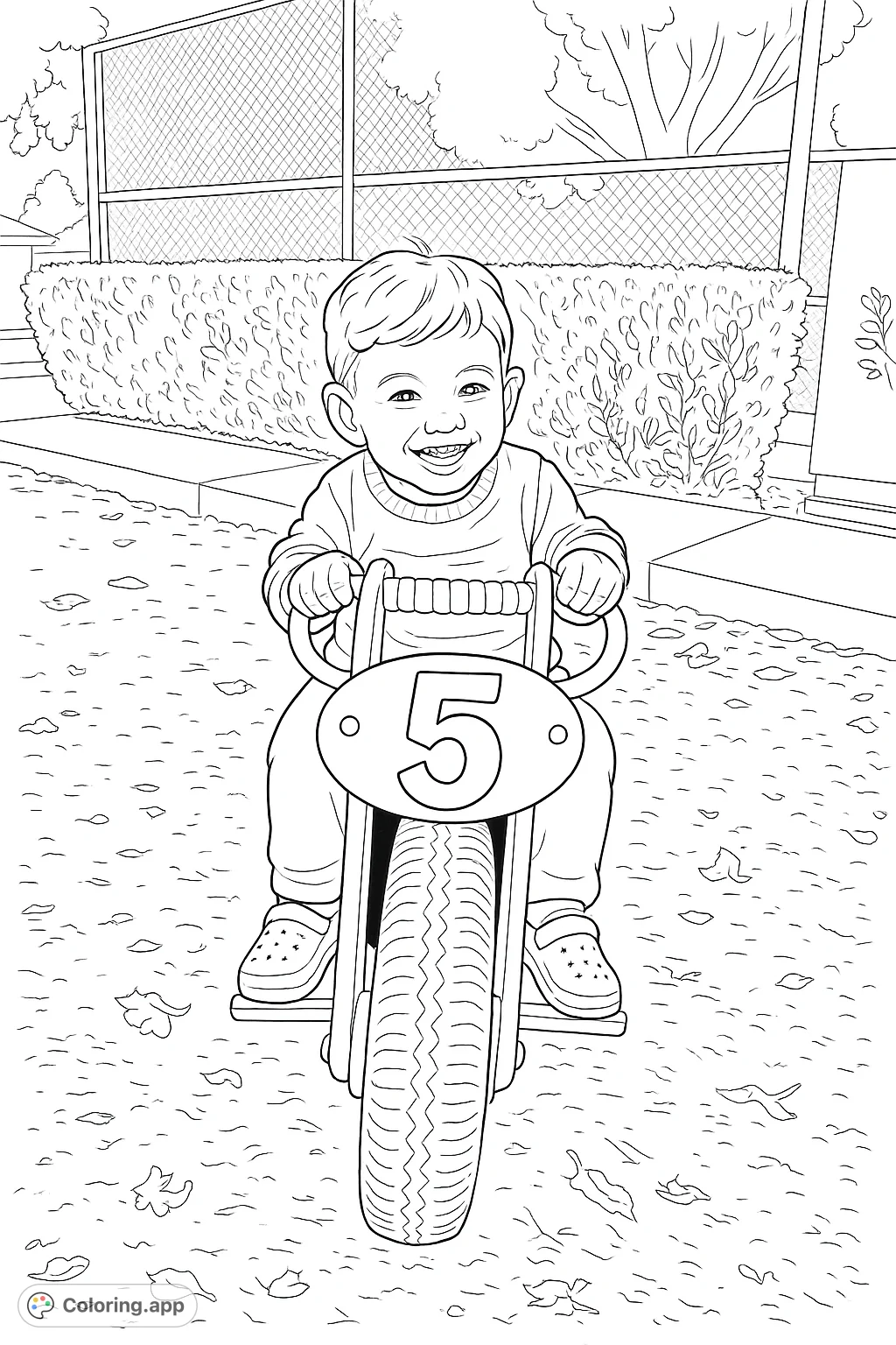 A joyful child on a toy motorcycle, ready for adventure. Perfect for young artists to bring to life with their favorite hues.