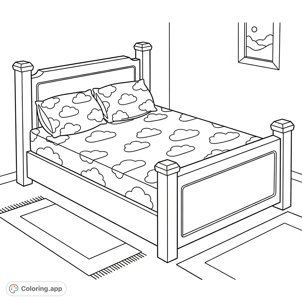 A simple, inviting bed with cloud-patterned sheets and pillows, perfect for a peaceful coloring experience. Easy outlines for all ages.