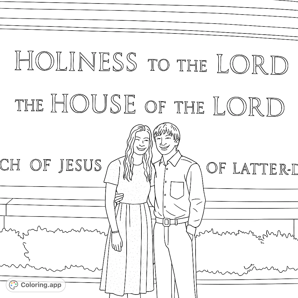 A heartwarming coloring page featuring a smiling young couple in front of a grand, inscribed building. Perfect for celebrating faith and connection.