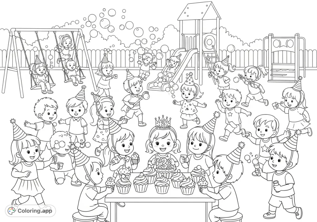 A joyful playground birthday party scene with 19 kids, cupcakes, party hats, and bubbles. Perfect for celebrating childhood fun and creativity.
