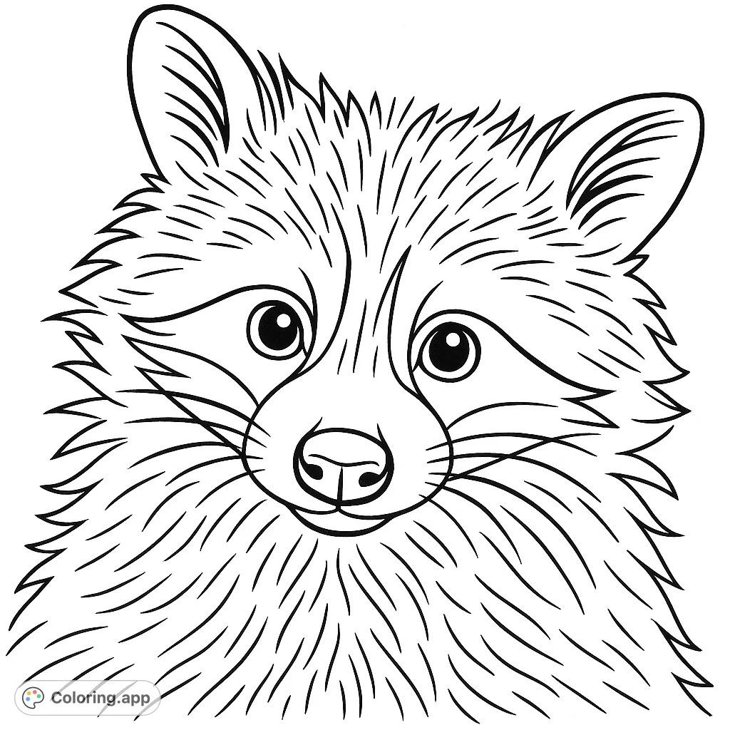 A charming close-up of a raccoon's face, featuring its distinctive mask, expressive eyes, and textured fur. A delightful animal coloring page.