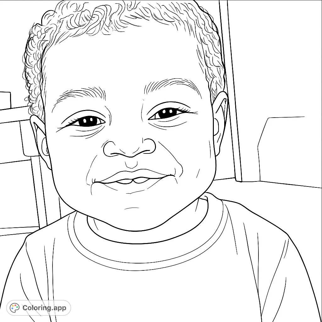 A heartwarming coloring page featuring a broadly smiling toddler with dimples, perfect for capturing a moment of pure joy and innocence.