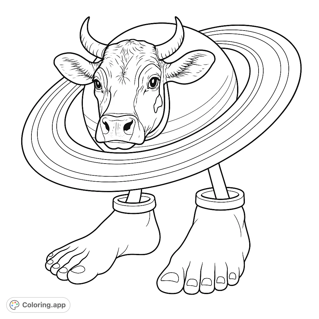A whimsical creature featuring a cow's head, a ringed planet body, and human feet. A surreal and fun cosmic adventure awaits your colors!