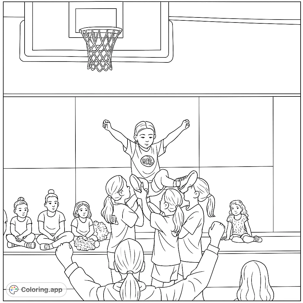 Capture the excitement of a cheerleading stunt with children forming a pyramid, arms raised in triumph. Perfect for aspiring cheerleaders and sports fans!