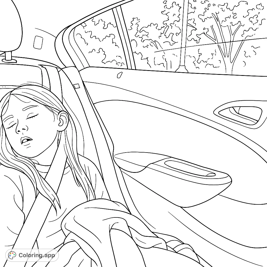Capture the quiet moment of a girl sleeping in a car. This peaceful road trip slumber coloring page offers a serene scene for all ages to enjoy.