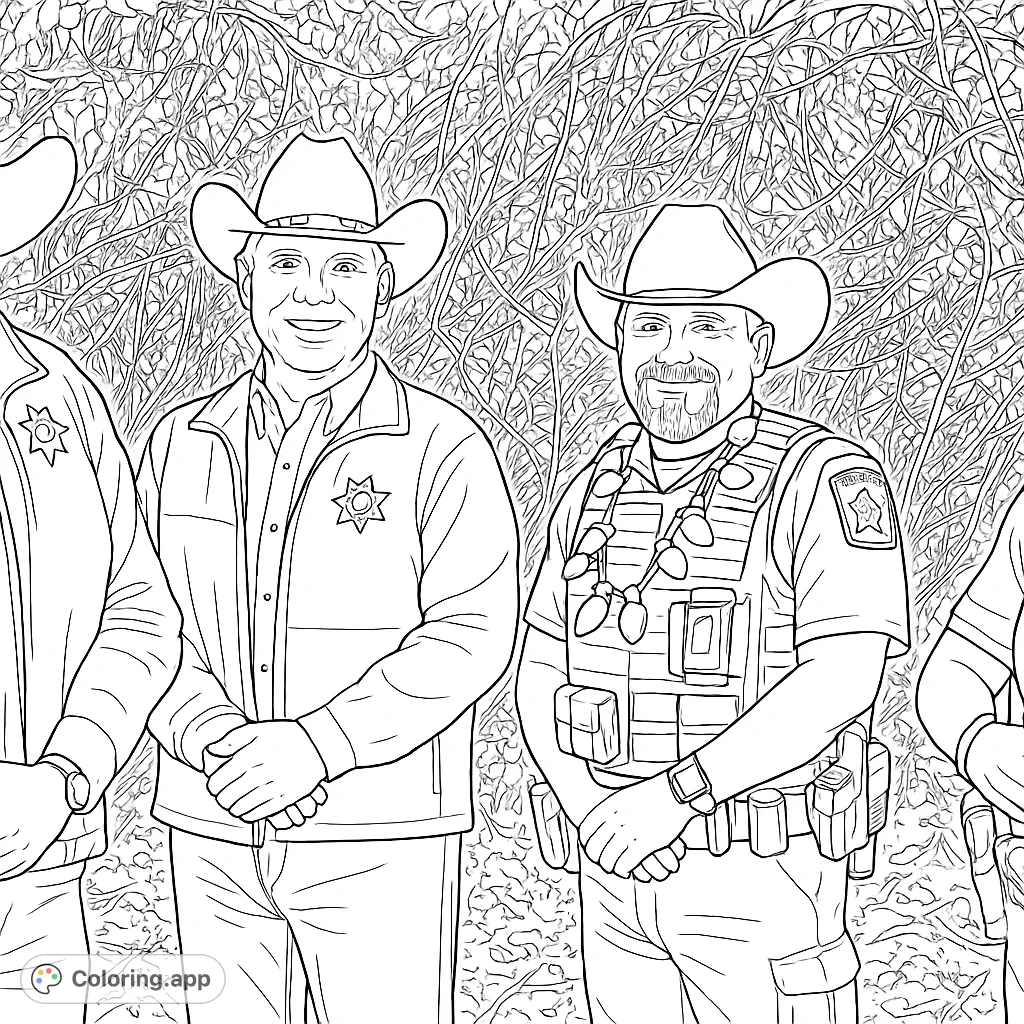 Color a festive scene featuring two community figures in cowboy hats, one adorned with a string of cheerful lights, set against a natural backdrop.