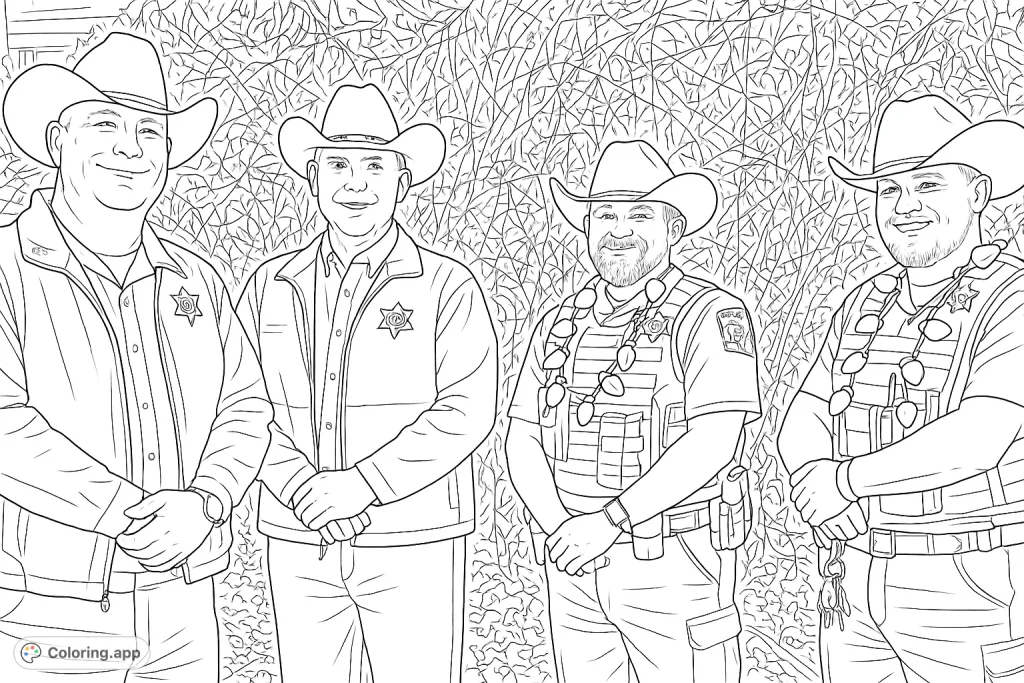 A festive group of four sheriffs, some adorned with holiday lights and cowboy hats, standing together. Perfect for celebrating community spirit and holidays.