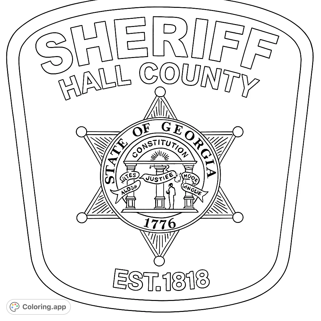 Color a detailed Hall County Sheriff badge, featuring a six-pointed star, pillars, figures, and historical text. A challenging civic symbol.