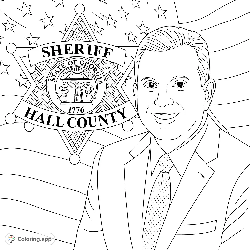 A detailed coloring page featuring a smiling man in a suit with a sheriff's badge and a flag background. Perfect for civic and community themes.