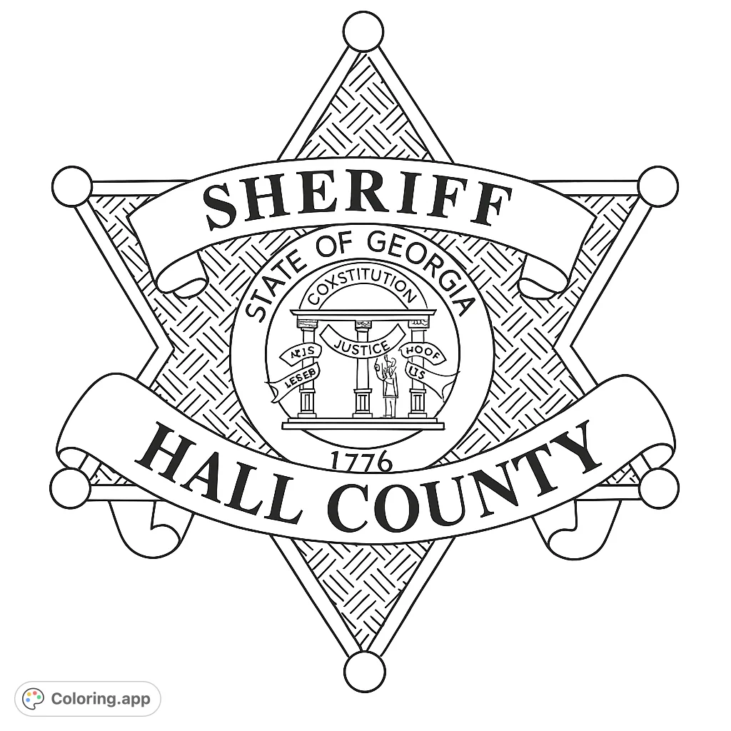 Detailed Hall County Sheriff star badge with intricate central seal and text. A symbolic and challenging civic-themed coloring page for all ages.