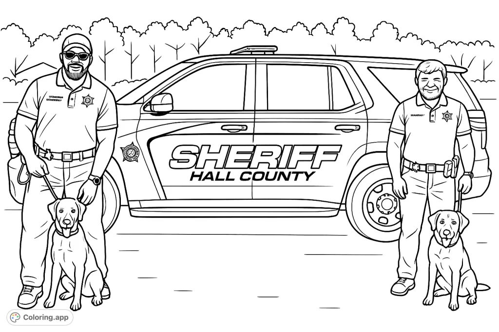 A dynamic sheriff coloring page featuring two deputies and their loyal K9 partners beside a patrol vehicle. Perfect for celebrating community heroes!