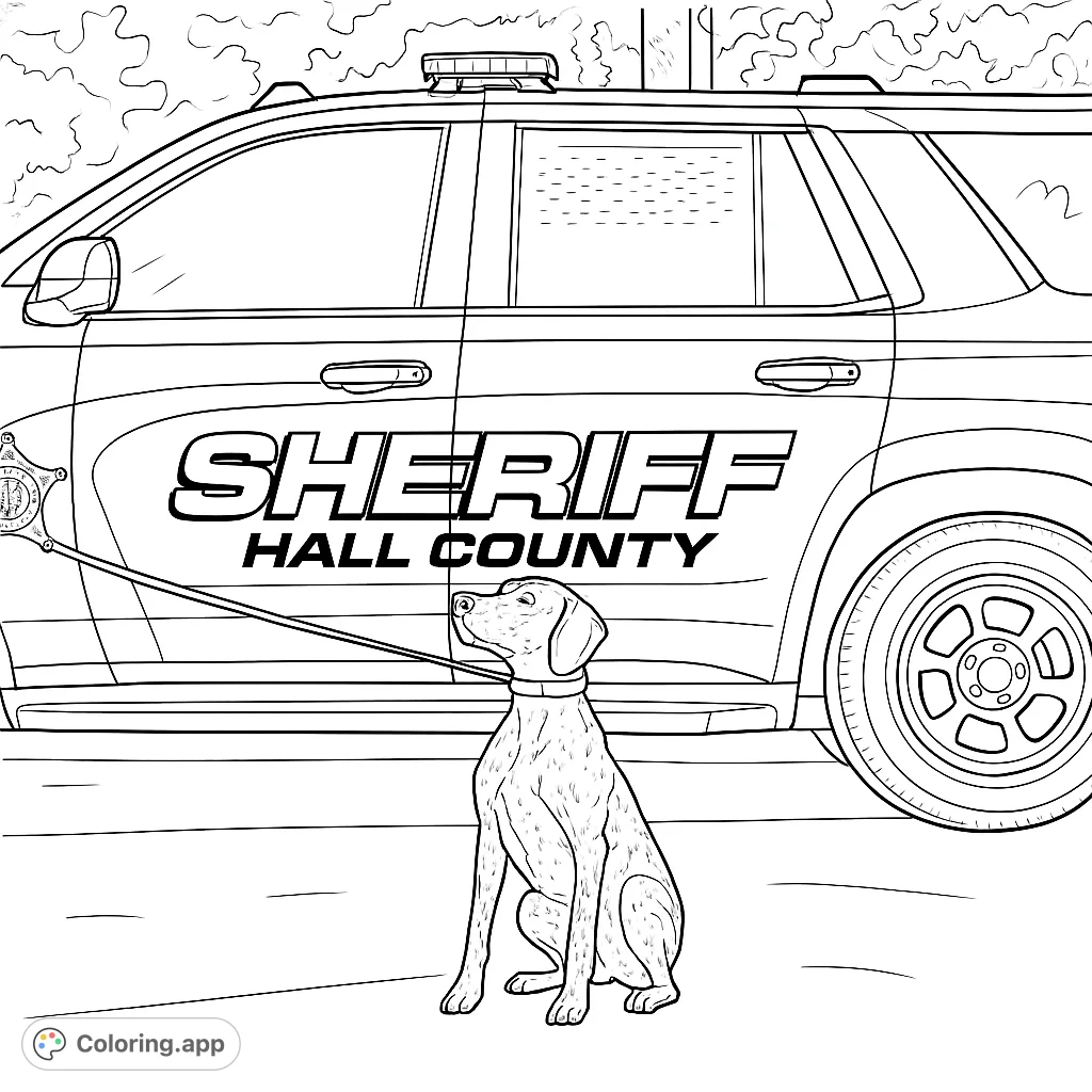 A brave K9 unit dog sits proudly in front of a sheriff's patrol vehicle. This detailed coloring page captures the loyalty and dedication of service animals.
