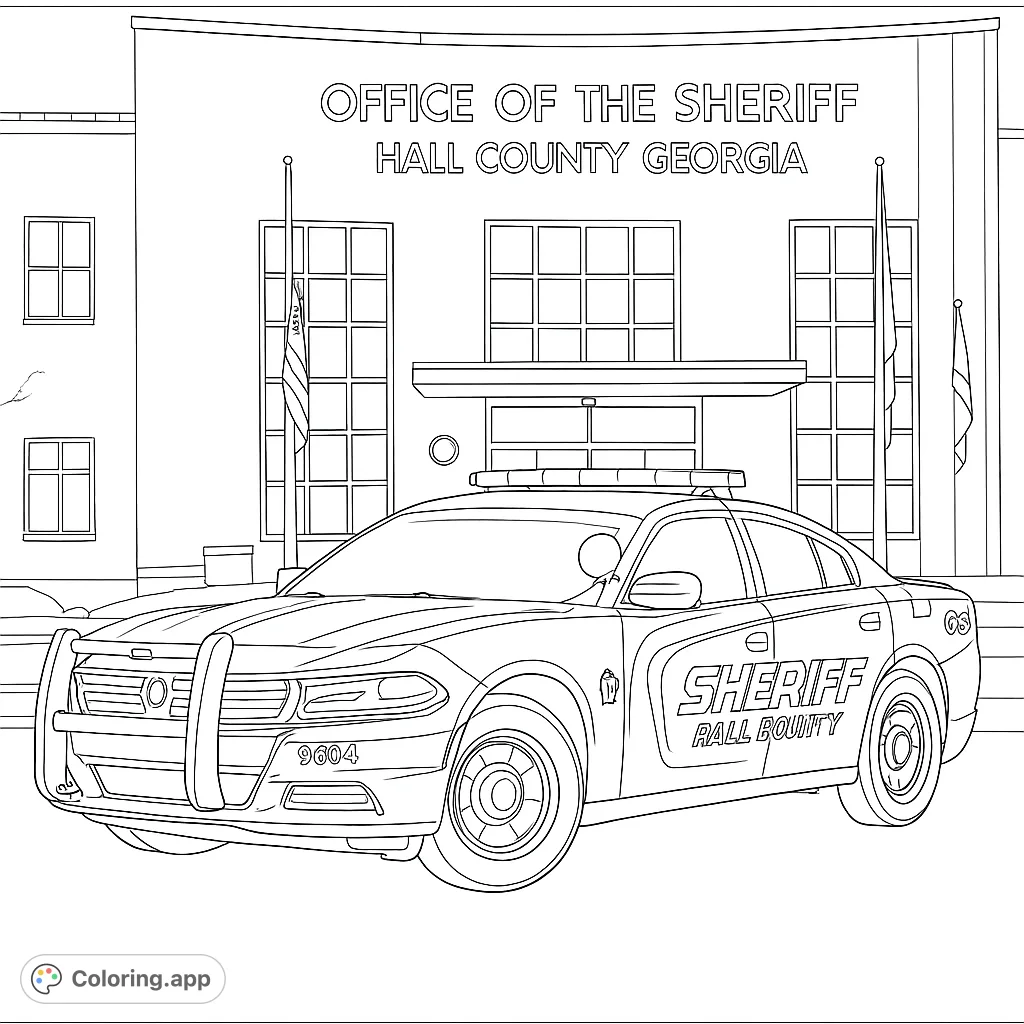 A detailed sheriff's patrol car parked in front of the Hall County Sheriff's Office, ready for action. Perfect for aspiring law enforcement enthusiasts.