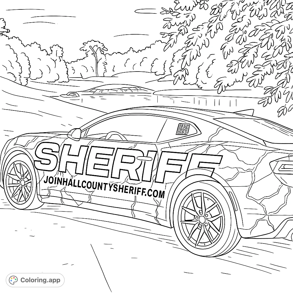 Color a powerful sheriff sports car with lightning patterns against a scenic golf course backdrop. A dynamic and detailed vehicle coloring page for enthusiasts.