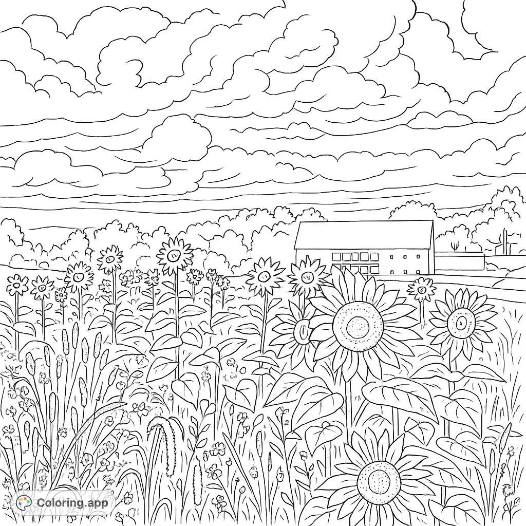 Immerse yourself in a beautiful sunflower field, featuring numerous blooms, lush vegetation, a distant building, and a dynamic cloudy sky. A delightful nature scene.