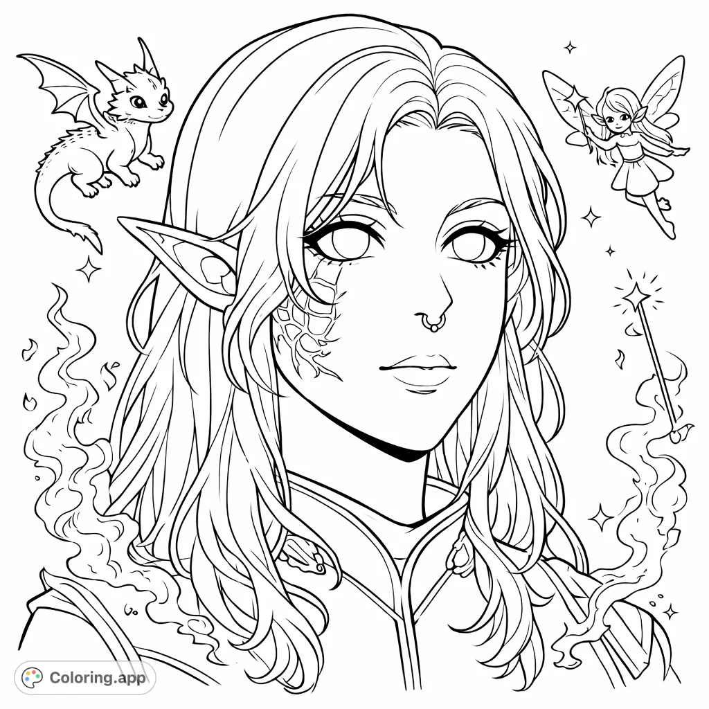 A captivating fantasy character coloring page featuring an anime-inspired elf with flowing hair, pointed ears, and mystical facial markings, perfect for creative expression.