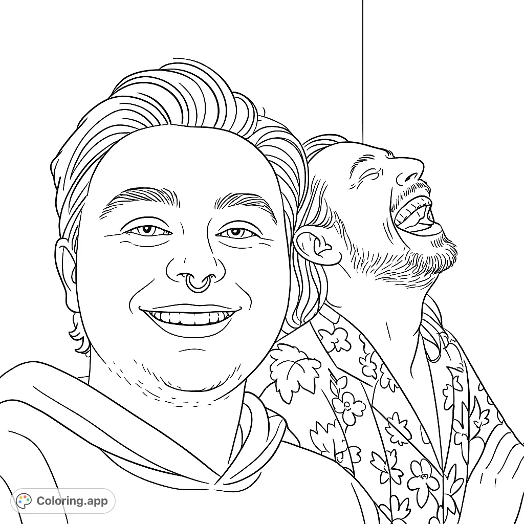 Capture the heartwarming joy of two friends, one smiling brightly and the other laughing heartily. A free printable human connection coloring page.