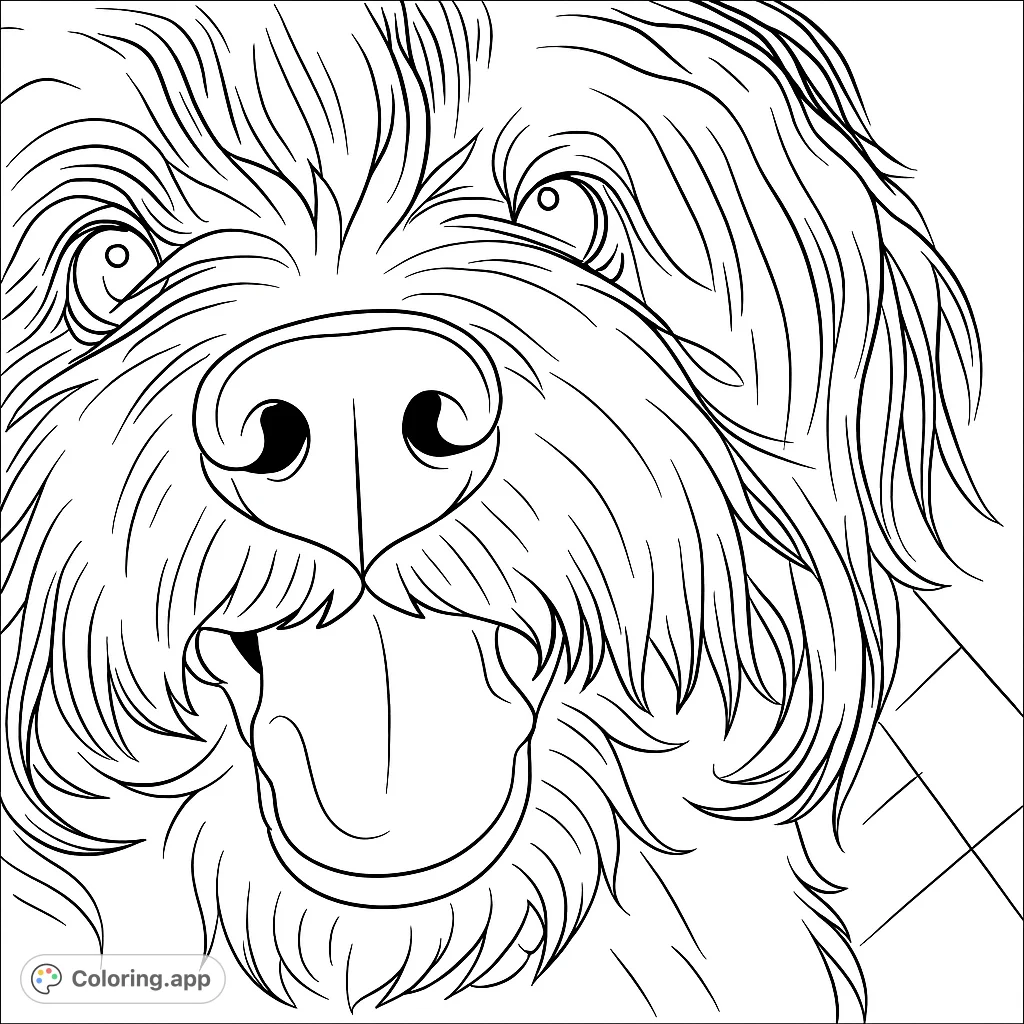 A delightful close-up of a shaggy dog's face with its tongue out, perfect for dog lovers to color and bring to life with unique patterns and textures.