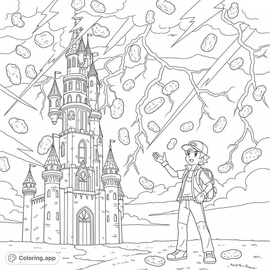 A Pokemon trainer marvels at a grand castle as lightning and chicken nuggets rain down from the sky. A whimsical, imaginative coloring adventure awaits!