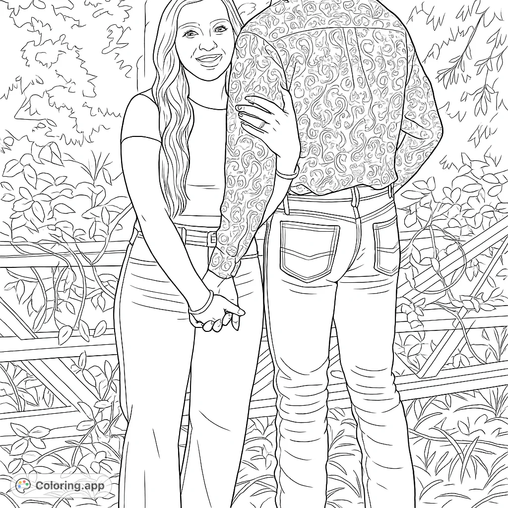A heartwarming couple's embrace in a rustic outdoor setting, featuring detailed clothing and natural elements. Perfect for a romantic coloring page.