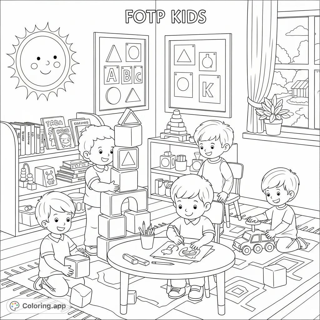 Explore a vibrant preschool classroom scene with FOTP KIDS engaged in playful learning. Stack blocks, draw, and read in this delightful, detailed coloring page.
