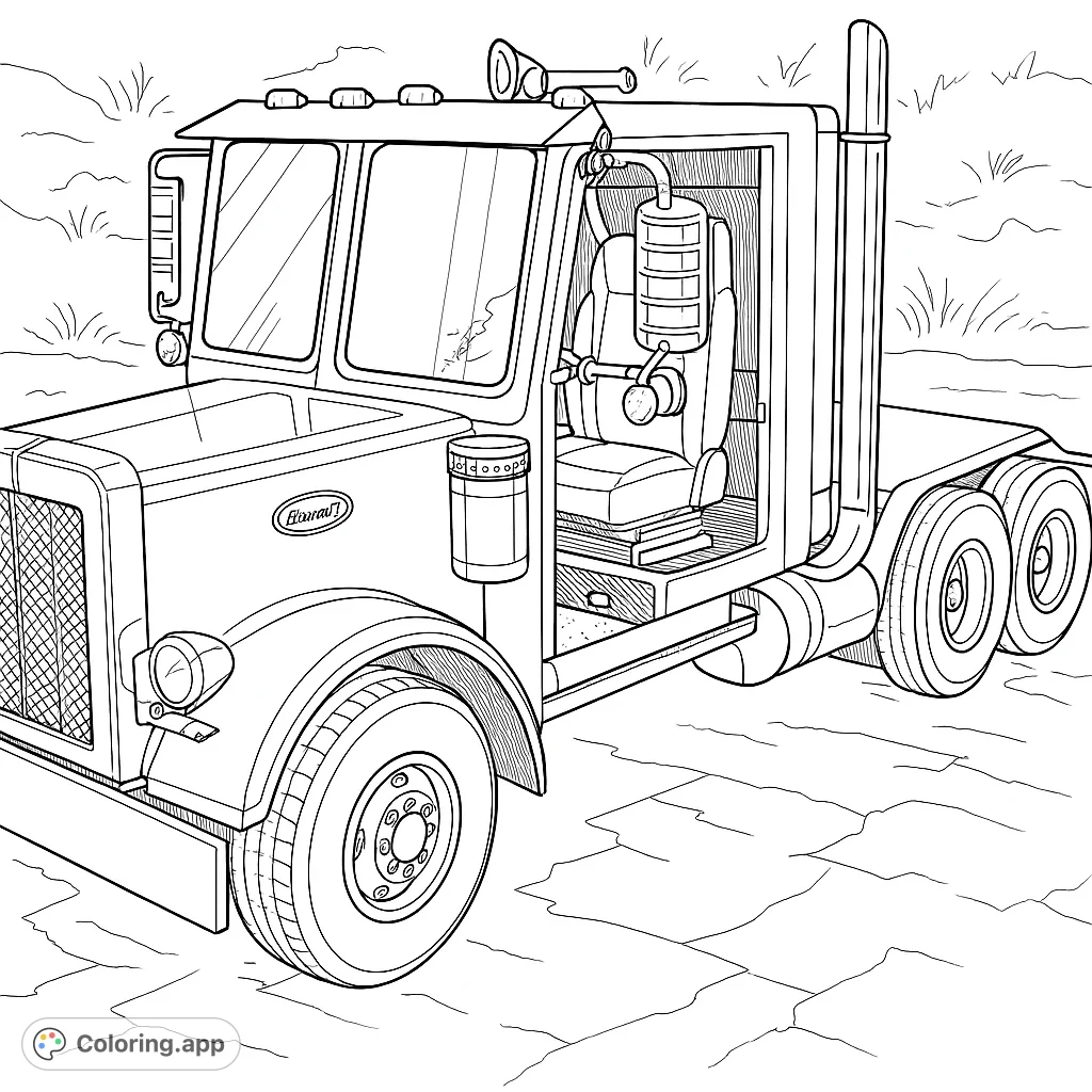 Detailed miniature semi-truck, perfect for truck enthusiasts. Features a classic grille, large wheels, and chrome accents for a fun coloring challenge.