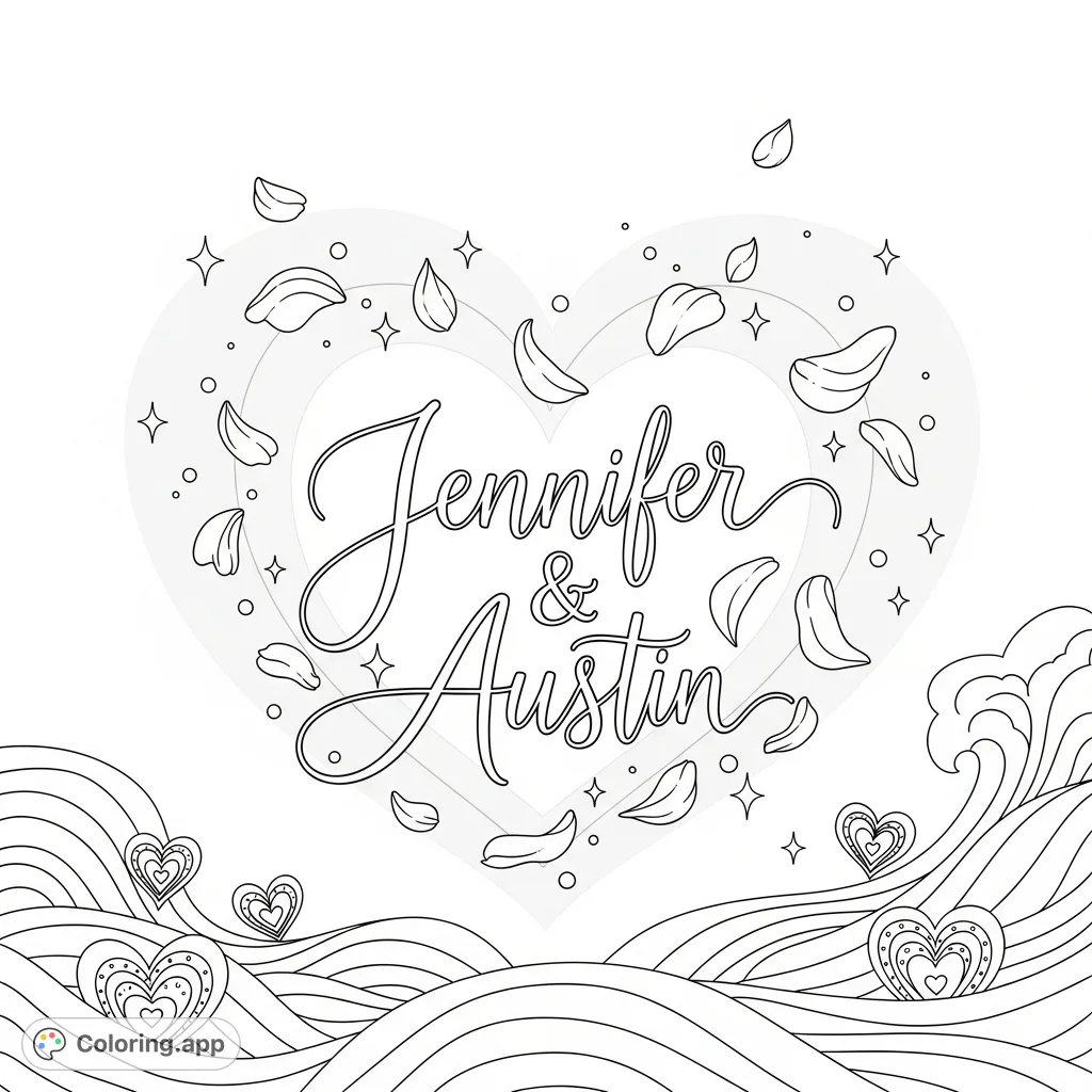 An elegant calligraphy coloring page featuring the names 'Jennifer' and 'Austin' intertwined, surrounded by delicate petals, subtle sparkles, and a heart-shaped aura. Perfect for romance.