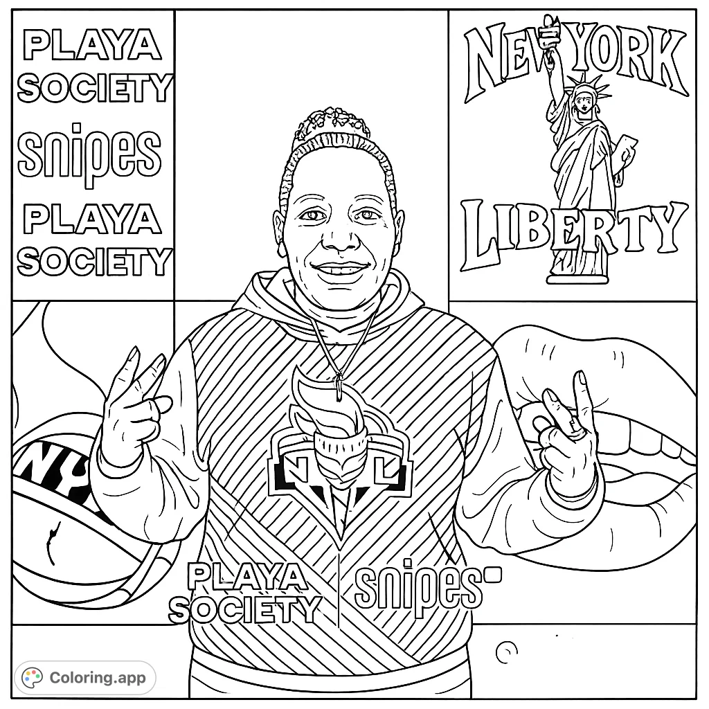 Color a dynamic scene featuring a person in a striped hoodie against a vibrant backdrop of urban graphics, including lips, Statue of Liberty, and basketball art.