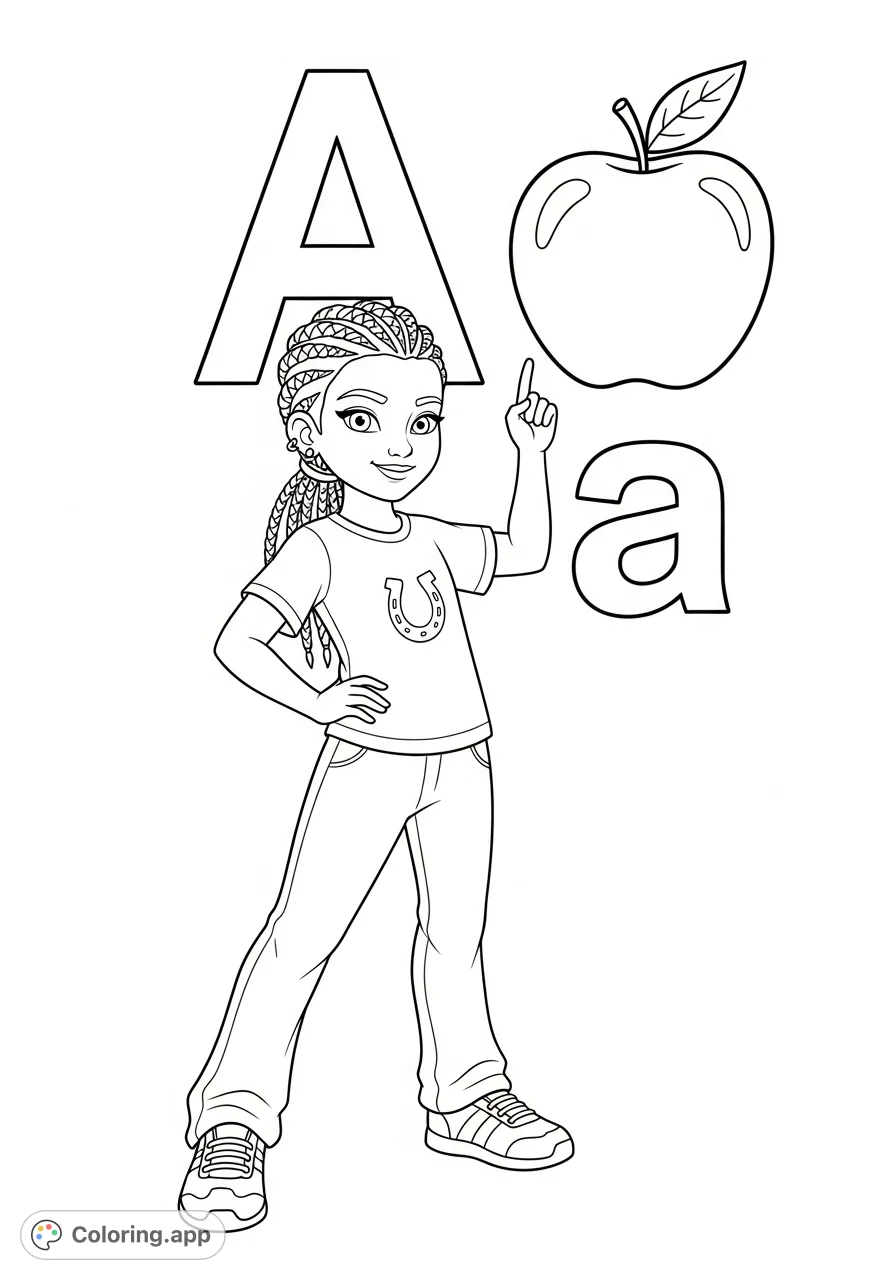 A confident young girl in a playful pose, featuring intricate braids and a horseshoe emblem, stands before uppercase 'A', lowercase 'a', and an apple.