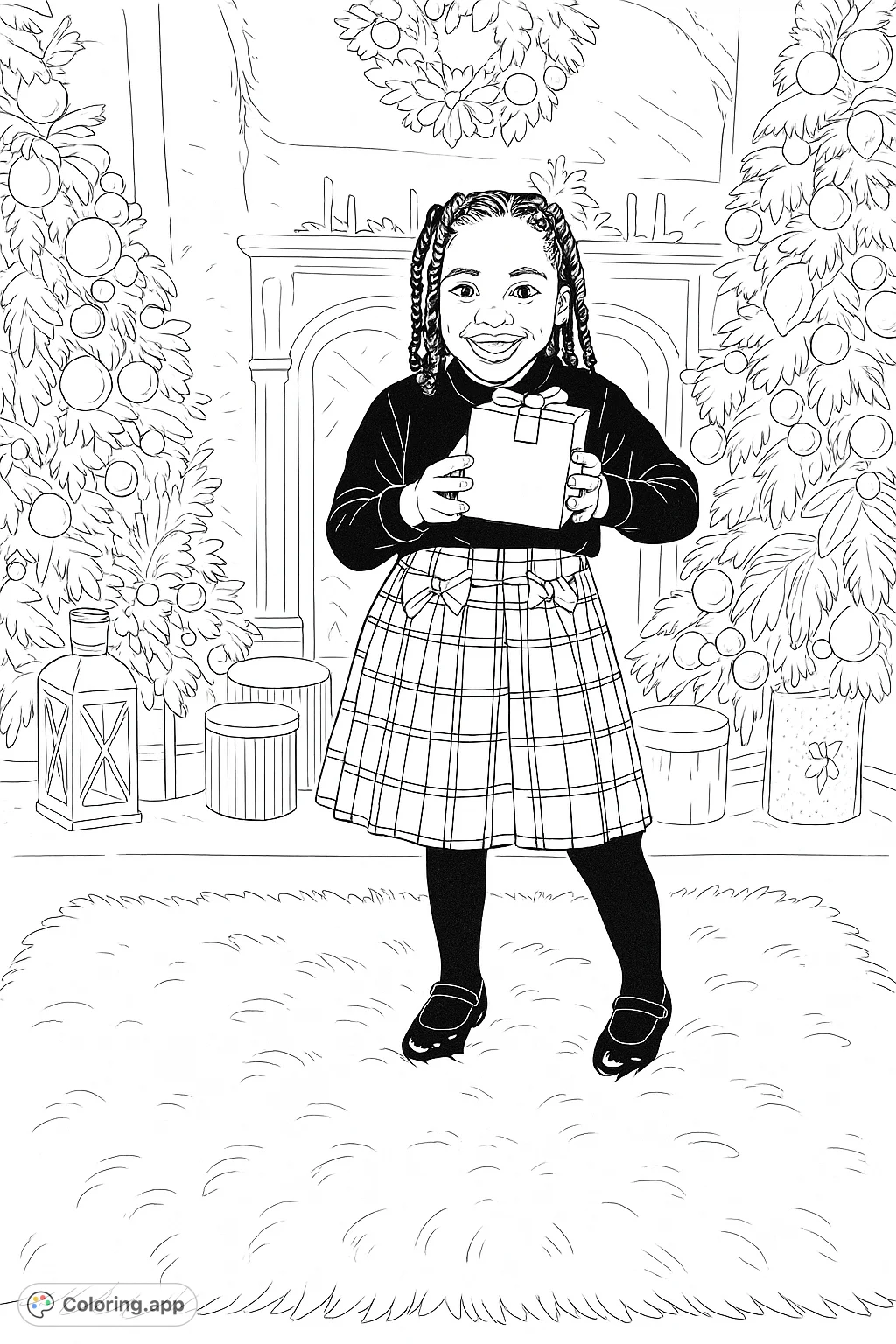 A joyful girl holds a special gift in a festive setting, surrounded by decorated trees and a cozy fireplace. Perfect for holiday cheer!