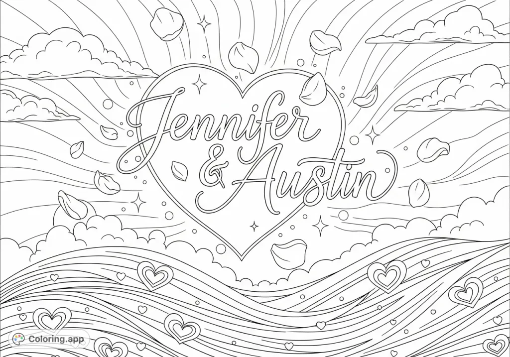 An elegant romantic calligraphy coloring page featuring the names "Jennifer" and "Austin" intertwined with floating petals, sparkles, and heart details.