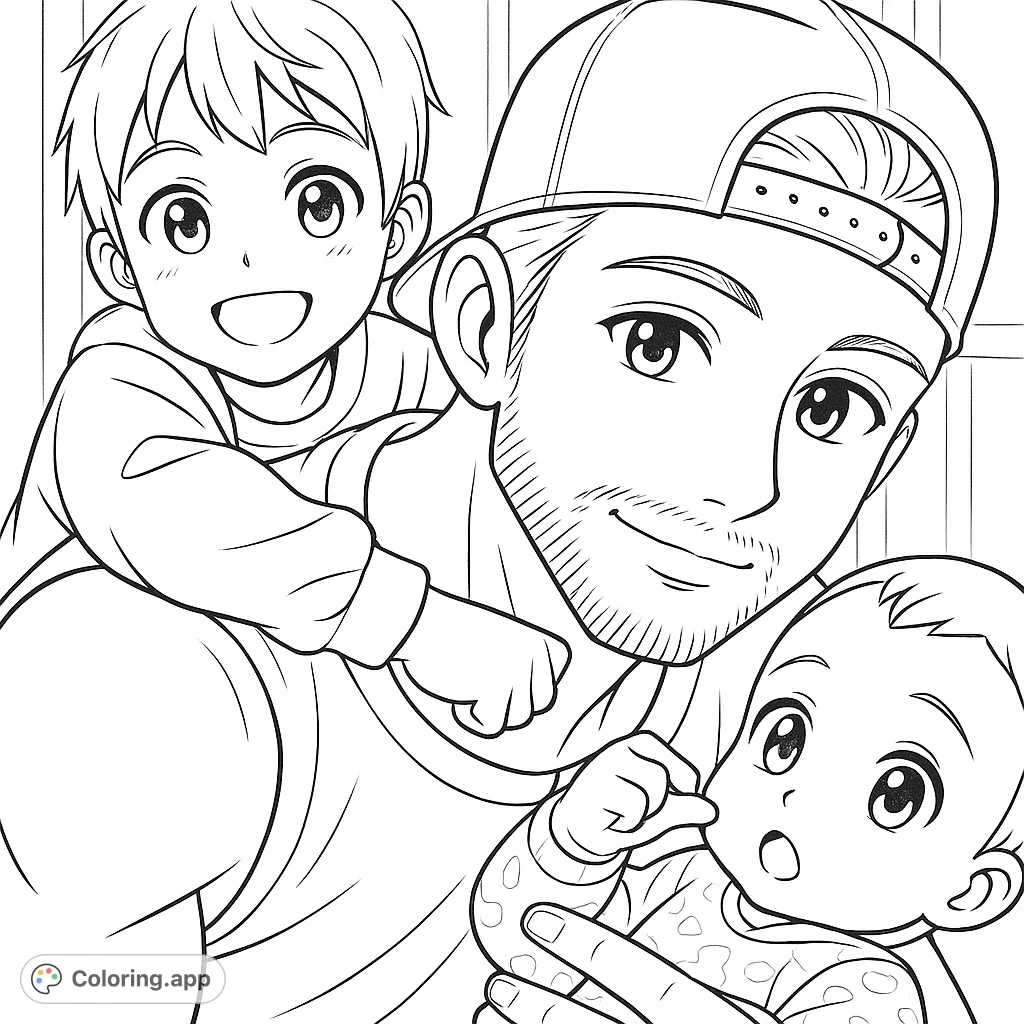 A heartwarming scene featuring a father with his two children, one on his shoulders and a baby in his arms. Perfect for celebrating family bonds.