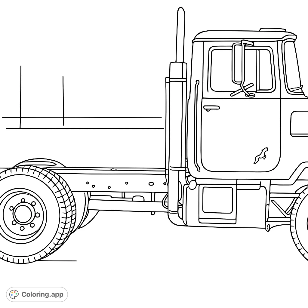 Detailed side view of a classic semi-truck cab and chassis, perfect for vehicle enthusiasts to color and customize.