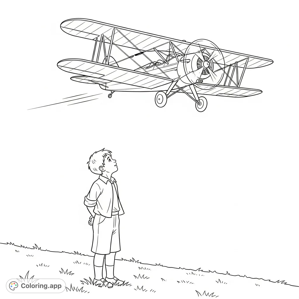 A young boy looks up in awe as a classic bi-plane flies overhead in a vast, open sky. A charming scene for aviation enthusiasts and dreamers.