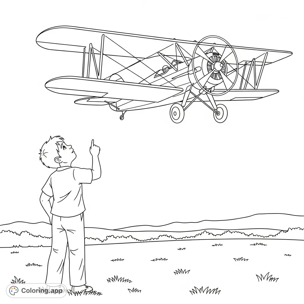 A young boy gazes up in awe at a classic bi-plane soaring overhead. This charming scene captures the wonder of flight, perfect for aviation enthusiasts.