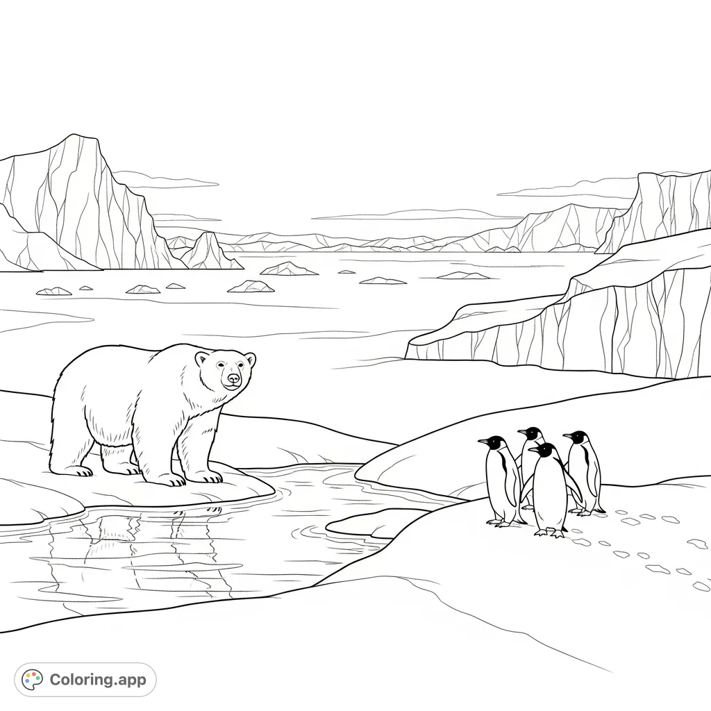 Explore a vast arctic habitat coloring page featuring a majestic polar bear, waddling penguins, and towering ice formations under a clear sky. A serene winter scene.