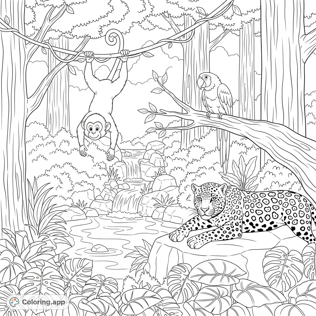 Explore a lush rainforest scene featuring a playful monkey, a majestic jaguar, and a ruffled parrot amidst dense foliage, a cascading waterfall, and ancient trees.