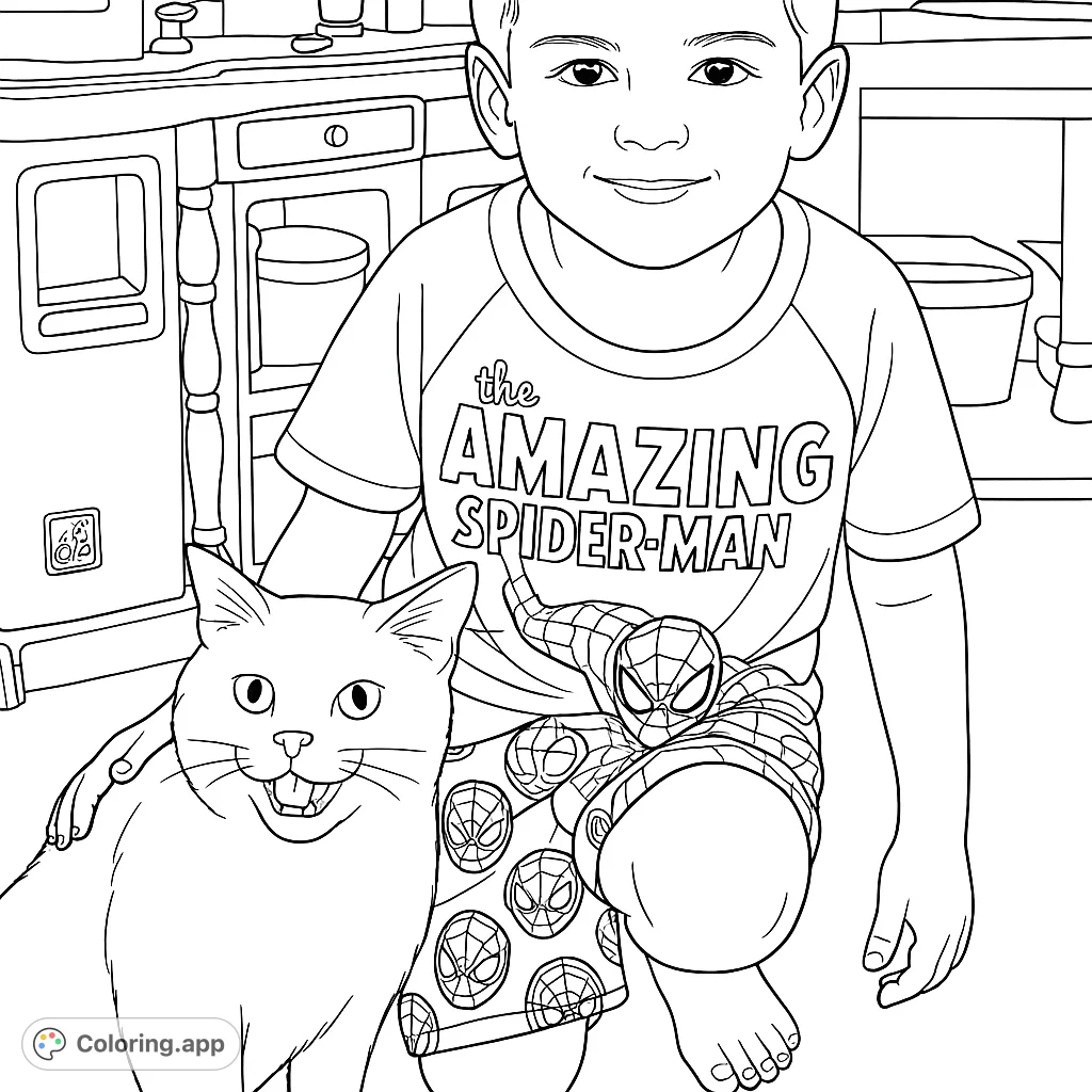 A cheerful boy in a superhero shirt kneels beside his expressive feline companion, set against a playful kitchen backdrop. A delightful scene for young colorists.