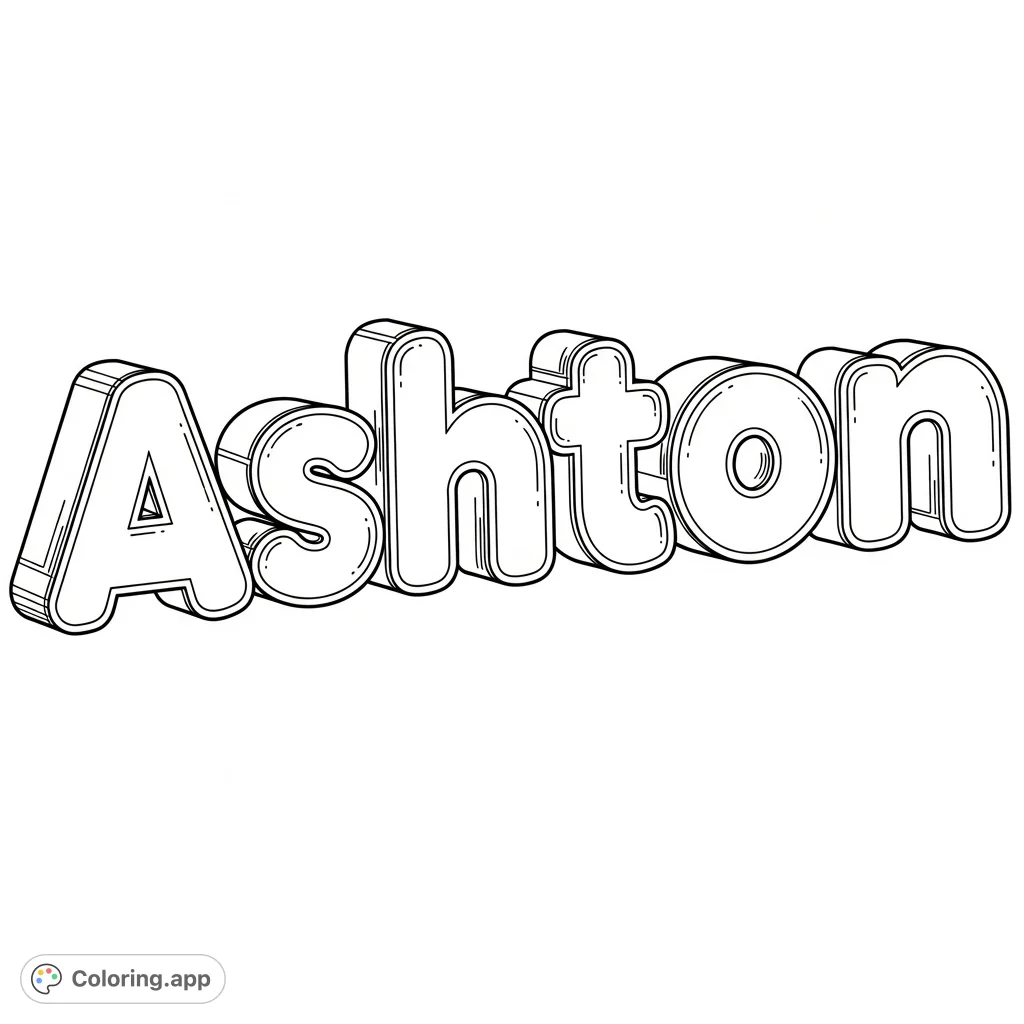 A fun and engaging coloring page featuring the name "Ashton" in large, rounded bubble letters, perfect for personalization and creative expression.
