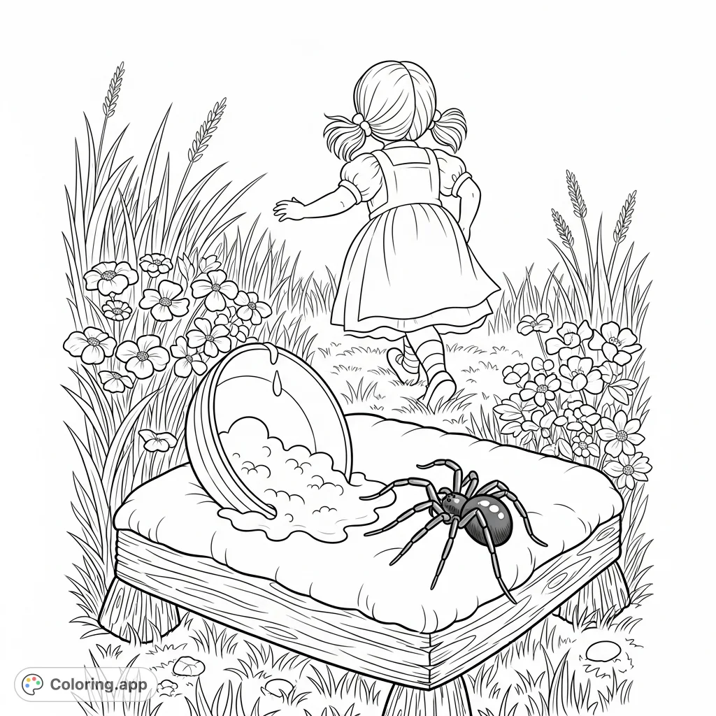 A classic nursery rhyme scene featuring Little Miss Muffet hurrying from a spider on her tuffet, set in a detailed garden. Perfect for storytelling.