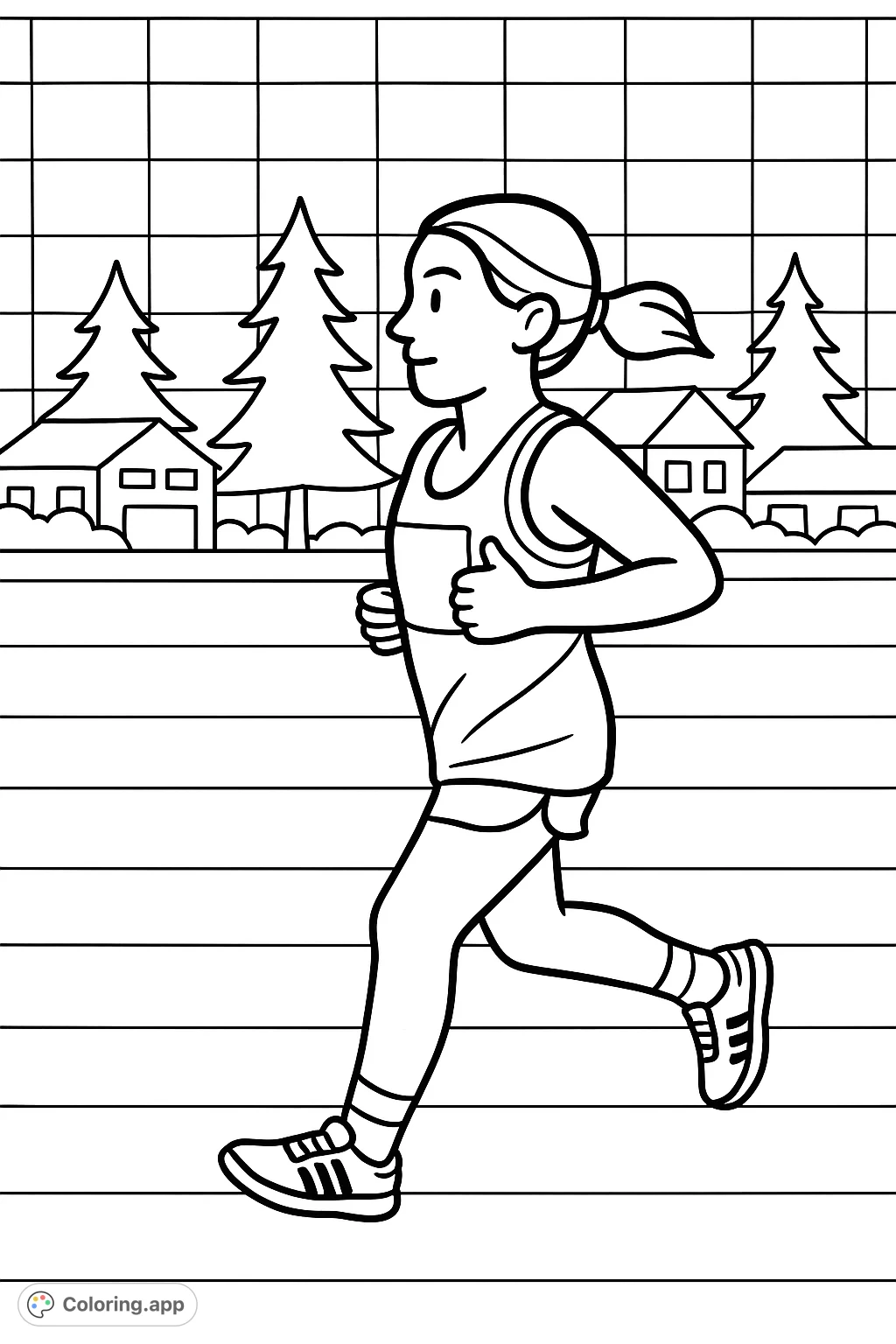 A cartoony runner sprints across a field with houses and trees in the background, perfect for young athletes to color. Features a grid pattern.