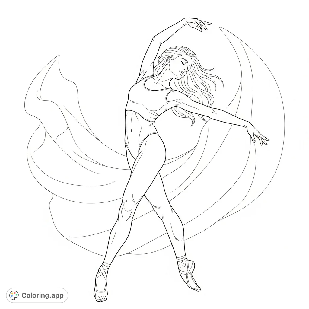 An artistic figure study of a graceful nude woman dancing, emphasizing dynamic pose, anatomical form, and fluid movement. Perfect for adult colorists.