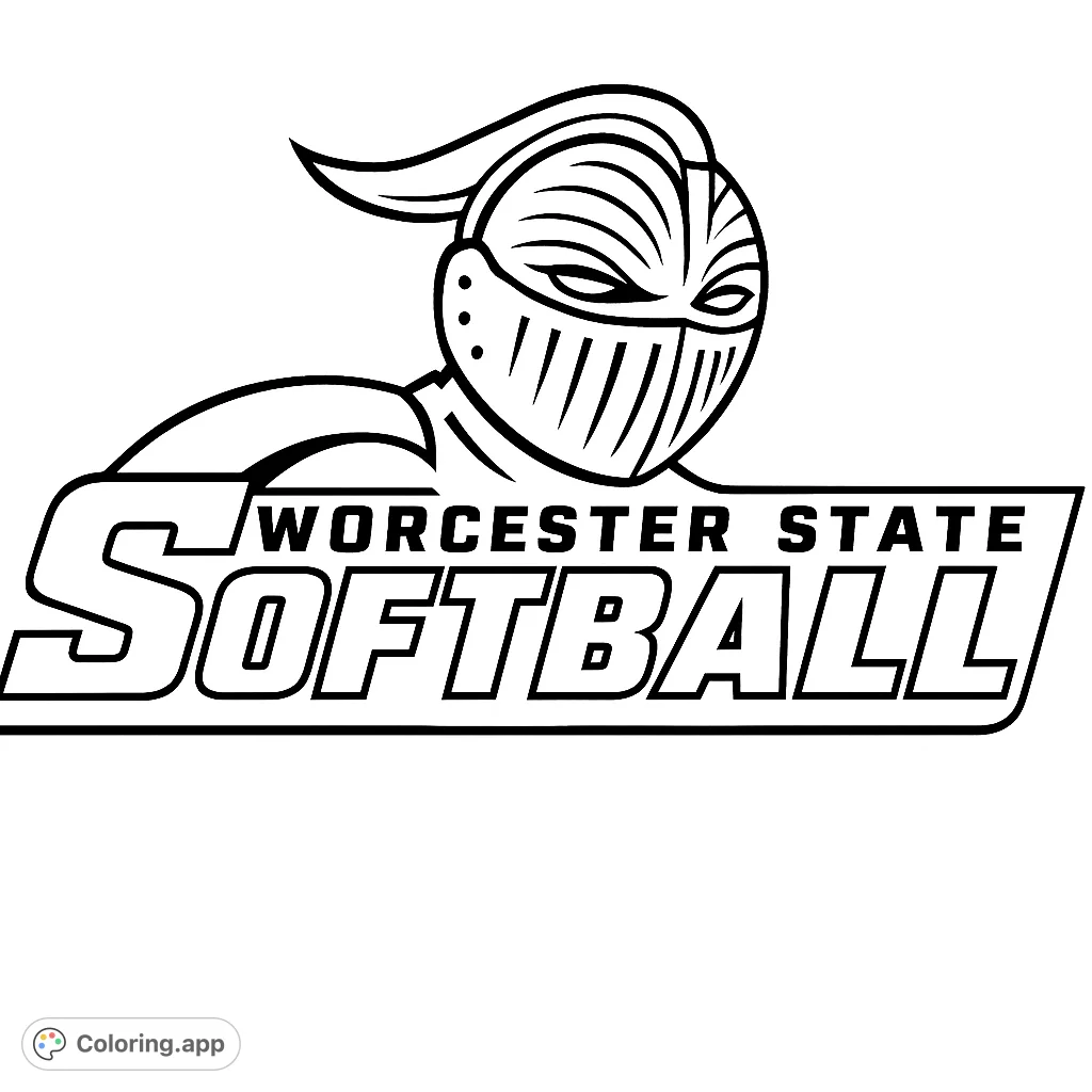 Color a bold knight helmet emblem with 'Worcester State Softball' text. Perfect for sports fans and school spirit, offering a fun and engaging coloring experience.
