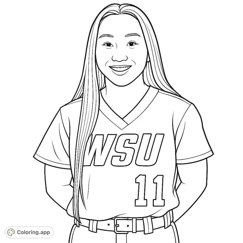 Capture the spirit of a smiling athlete in her uniform. This sports-themed coloring page features a young woman ready for action, perfect for fans and aspiring players.