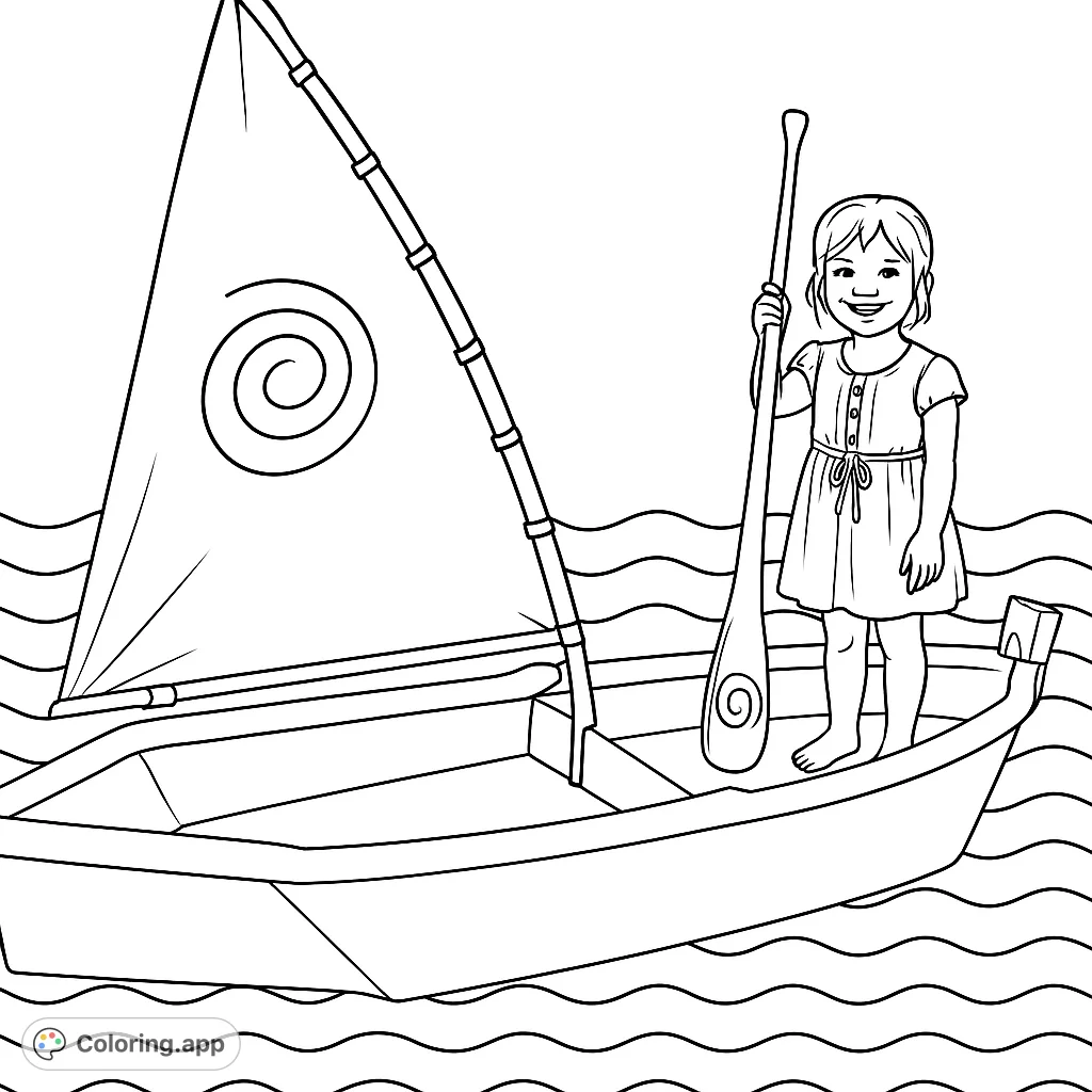Embark on a delightful journey with this free printable girl's sailboat adventure coloring page. Features a smiling girl, a simple boat, and a wave pattern background.
